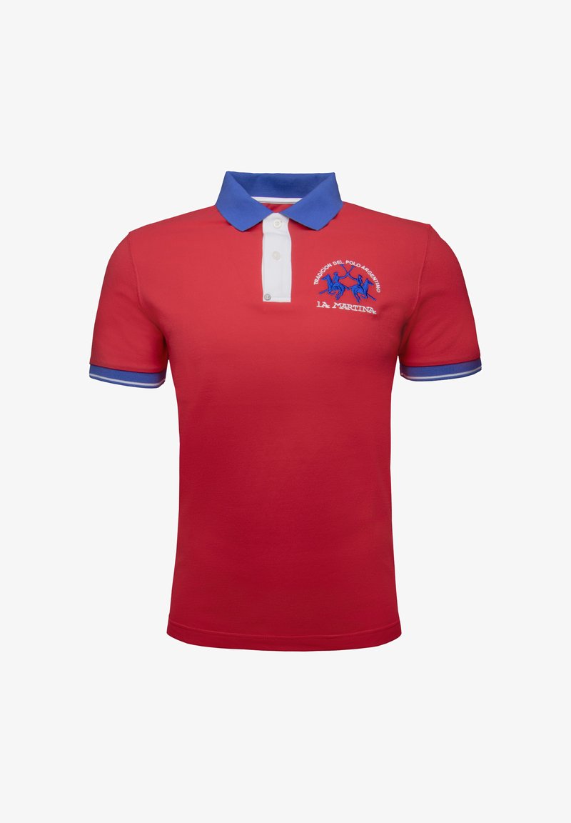 Červená polo tričko s modrým límcem a bílou knoflíkovou légou. Na levé straně hrudi má vyšitý modrý logo golfisty. Materiál: bavlna.