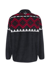 Dunkelblauer Fleece-Pullover mit einem gemusterten Einsatz, der rote Rauten und weiße Akzente zeigt. Lange Ärmel und ein Kragen, weiche Textur.