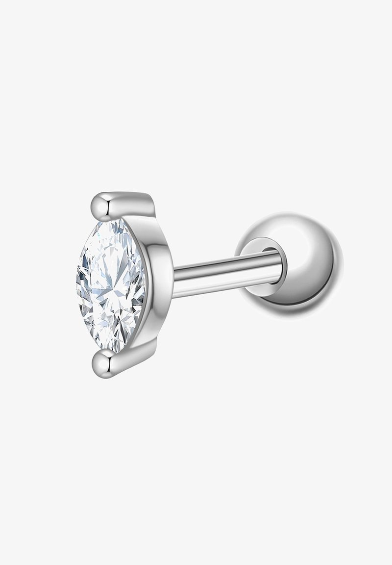 Srebrna naušnica sa velikim ovalnim prozirnim dragim kamenom, učvršćena s četiri zupca. Glatka, polirana metalna površina.