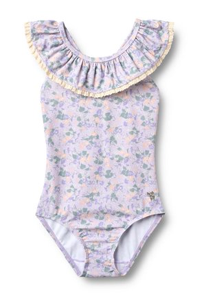 Mädchen-Einteiler-Badeanzug mit lila, grünem und pfirsichfarbenem Blumenmuster, mit einem gerafften Ausschnitt, der mit cremefarbener Spitze verziert ist.