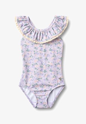 Tüdrukute üheosalise ujumistrikoo lilla, rohelise ja virsikuõielise mustriga, millel on volangidega kaelus kreemika pitsi ääristusega.