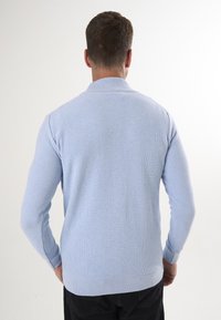 Ljusblå ribbad polotröja med lång ärm och hög krage, med en åtsittande passform och texturerad tyg. Enkel design utan utsmyckningar.