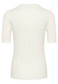 Korte mouwen, crèmekleurig katoenen T-shirt met een ronde halslijn en een gladde textuur; aansluitende pasvorm zonder zichtbare patronen of hardware.