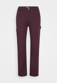 Burgundy cotton trousers with a straight cut, featuring a button closure and side pockets; smooth texture and versatile design.