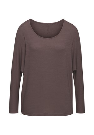 Locker geschnittenes, langärmliges Oberteil in Braun. Weiche Textur mit weitem Rundhalsauschnitt und entspannter Silhouette. Einfaches, einfarbiges Design.