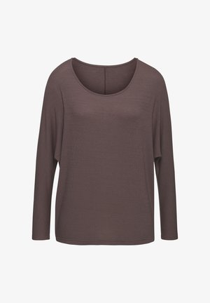 Locker geschnittenes, langärmliges Oberteil in Braun. Weiche Textur mit weitem Rundhalsauschnitt und entspannter Silhouette. Einfaches, einfarbiges Design.