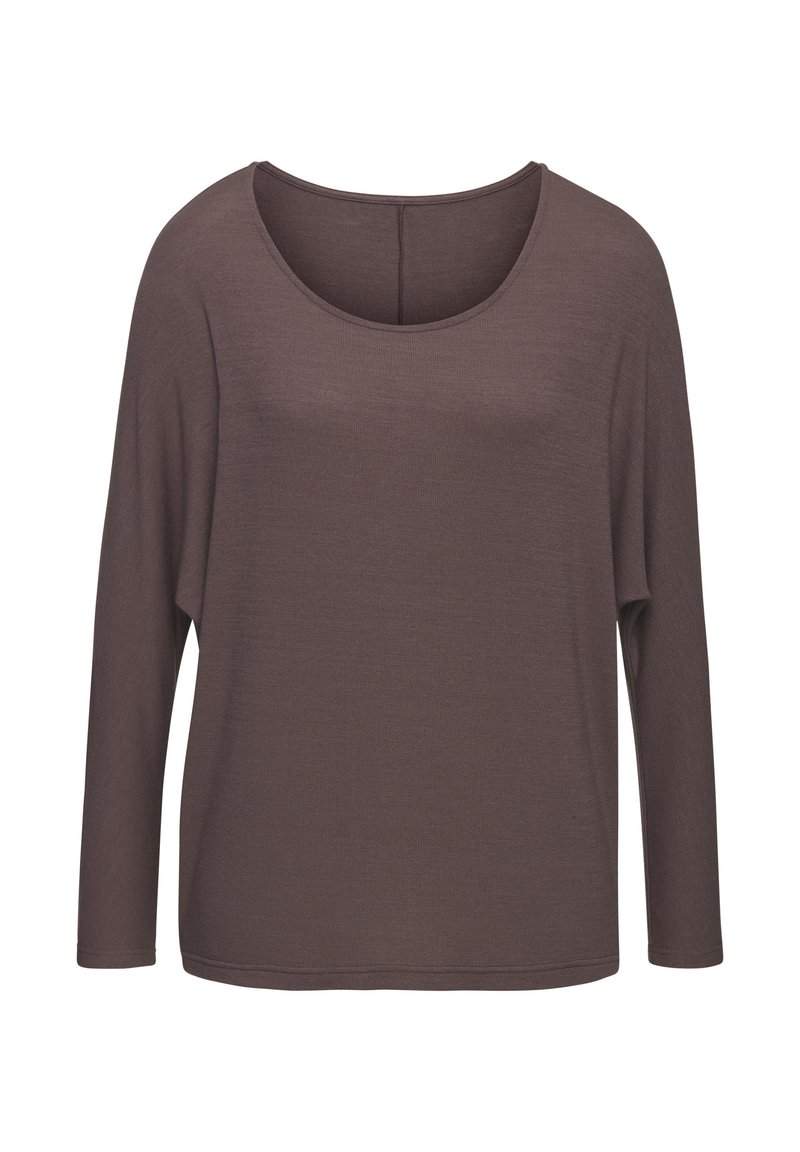 Locker geschnittenes, langärmliges Oberteil in Braun. Weiche Textur mit weitem Rundhalsauschnitt und entspannter Silhouette. Einfaches, einfarbiges Design.