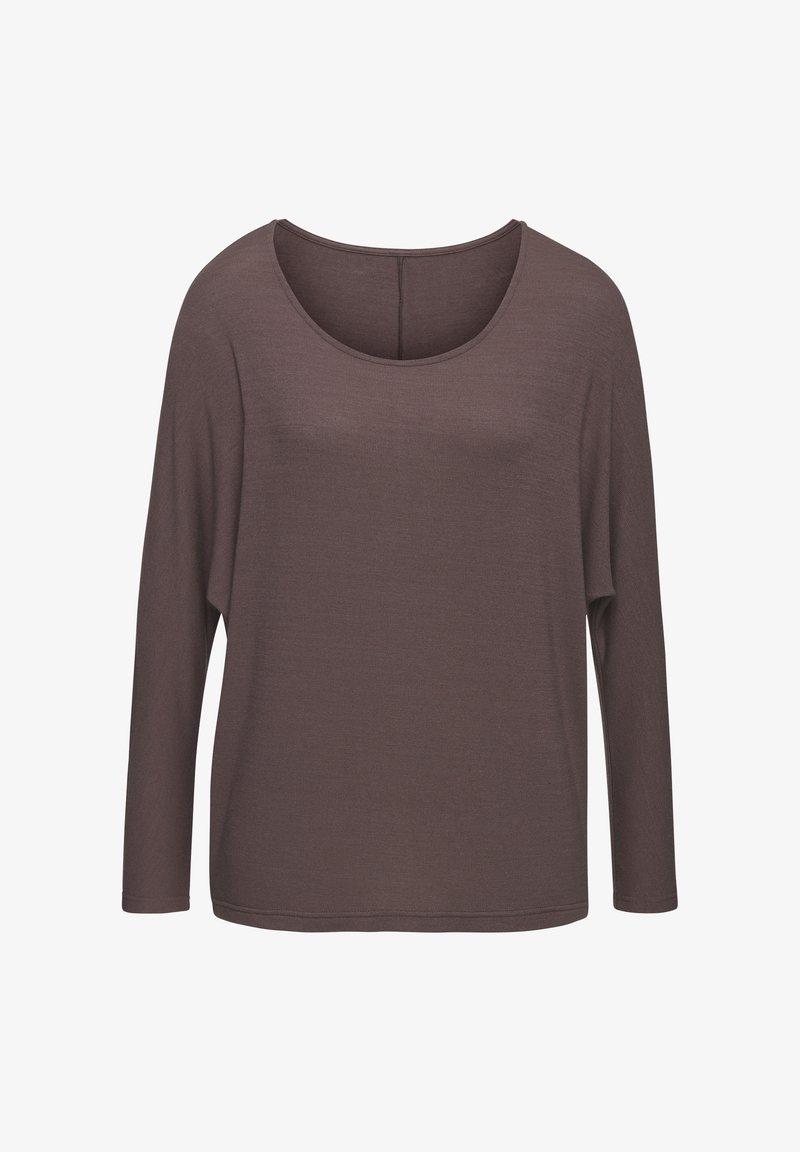 Locker geschnittenes, langärmliges Oberteil in Braun. Weiche Textur mit weitem Rundhalsauschnitt und entspannter Silhouette. Einfaches, einfarbiges Design.