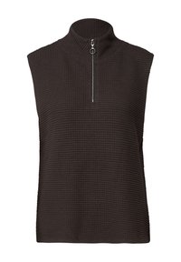 Ärmös mörkbrun topp med hög krage och en kvarts längd dragkedja. Texturerad våffelmönster genom hela tyget.