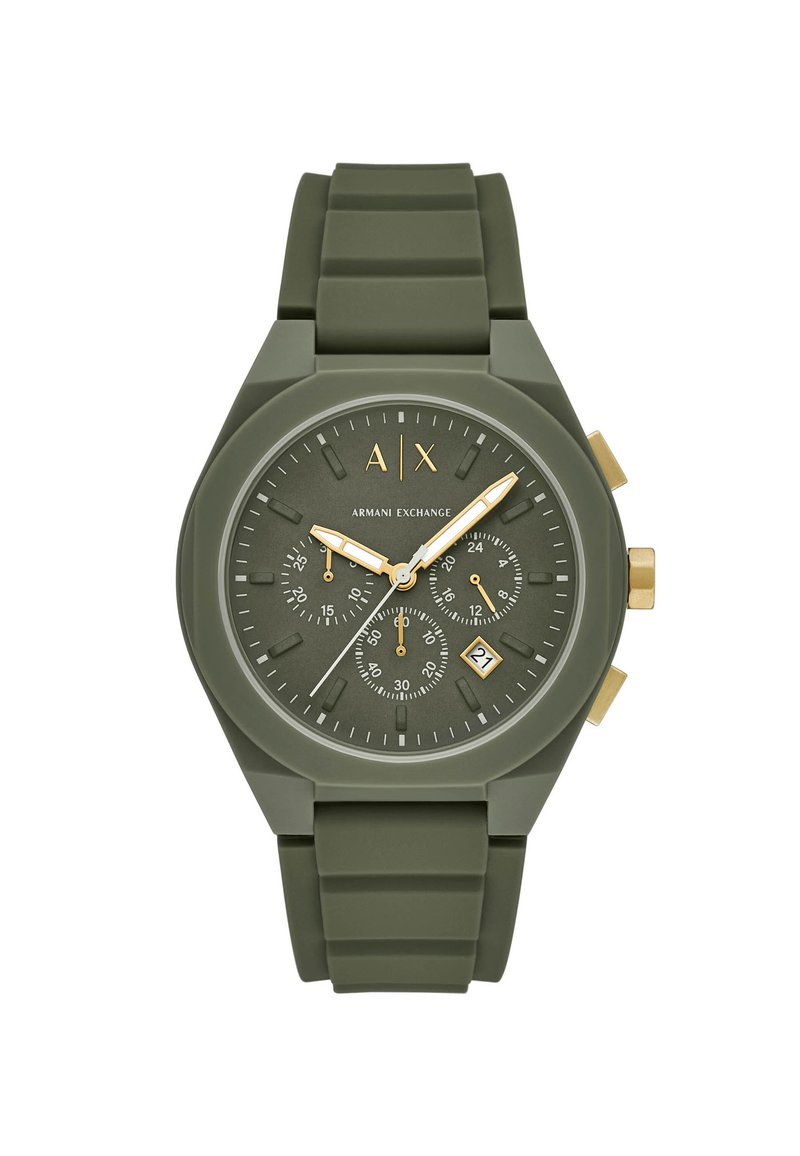 Orologio verde in silicone con finitura opaca, dettagli dorati, sottodial cronografici e finestra per la data. Presenta un cinturino in gomma testurizzata.