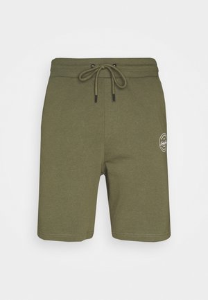 Olive green cotton shorts with elastic waistband, adjustable drawstring, and a small white circular logo on the left thigh.