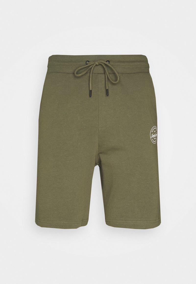 Shorts en coton vert olive avec une taille élastique, un cordon de serrage réglable et un petit logo circulaire blanc sur la cuisse gauche.