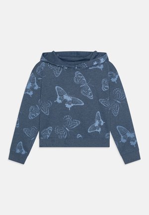 Blauwe hoodie met lange mouwen, bedekt met lichtblauwe vlindermotieven.