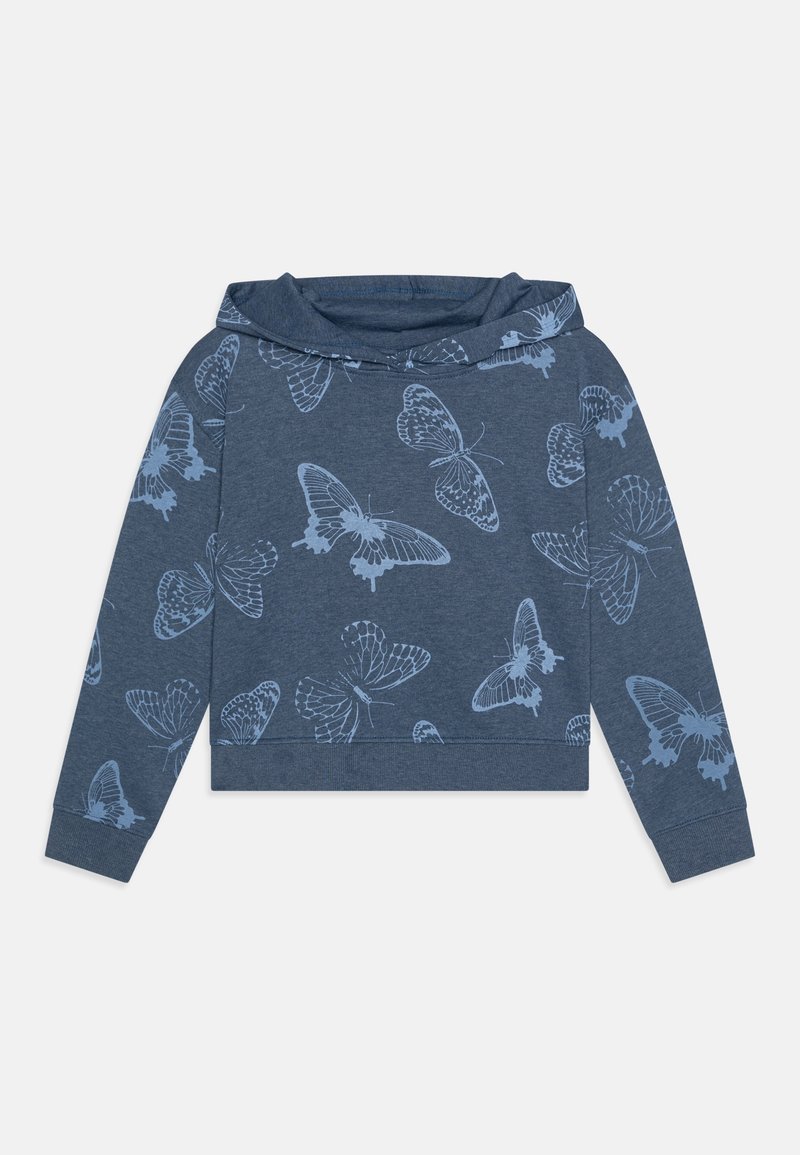 Sweat-shirt bleu à manches longues avec capuche, imprimé de motifs de papillons bleu clair partout.