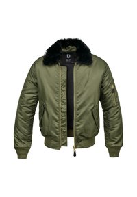 Alyvuogių žalios spalvos bombonešio striukė su dirbtinio kailio apykakle, užtrauktuku priekyje ir ribotais rankogaliais. Kairėje rankovėje yra užtrauktuku užsegama kišenė.