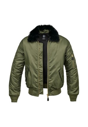 Olivengrøn bomberjakke med krave i imiteret pels, lynlåslukning foran og ribbenstrikkede manchetter. Har en lynlåslomme på venstre ærme.
