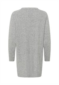 Világosszürke, kötött hosszú ujjú pulóver finom texturált mintával, kerek nyakkivágással és kényelmes szabással, hátulnézetben.