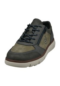 Herren-Schuhe aus grauem und olivgrünem Wildleder mit kontrastierender hellgrauer Sohle. Verfügt über eine Schnürung vorne und ein seitliches Reißverschluss-Detail.