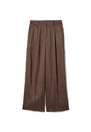 Brown corduroy wide-leg trousers with vertical stripes, belt loops, button closure, and front crease detailing.