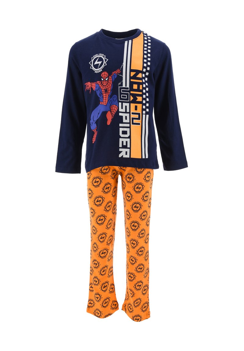 Navy long-sleeve pajama top with Spider-Man graphic; orange pajama pants with black circular lightning bolt pattern. Soft cotton material.