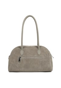Sac à main en daim gris de forme arrondie, avec deux anses, une poche zippée à l'avant et une texture douce. Fermeture éclair et coutures de couleurs contrastantes.