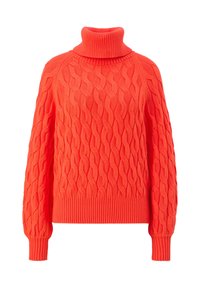 Pull à col roulé en maille torsadée orange vif avec manches longues, poignets, ourlet et col côtelés sur fond blanc.