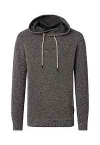Gestrickter Hoodie in Dunkelgrau mit hellbeigen Kordeln. Verfügt über einen Schlauchkragen und strukturierten Stoff. Keine Vordertaschen, seitliche Schlitze am Saum.