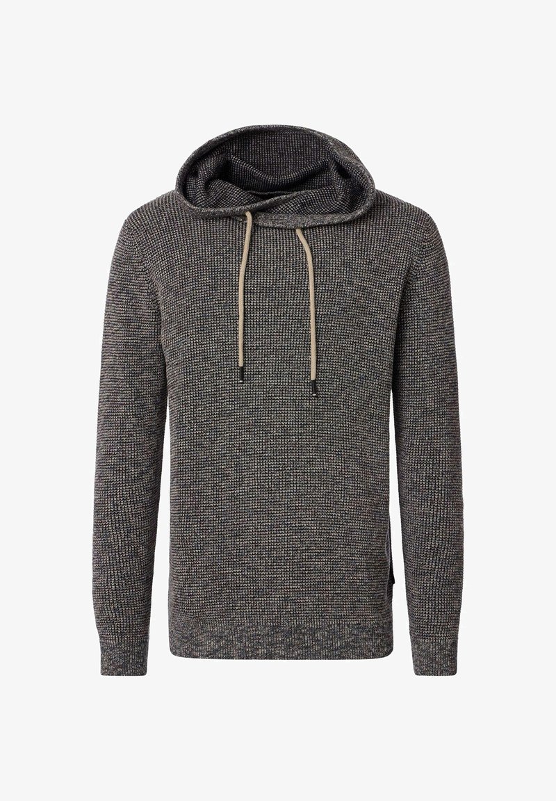 Gestrickter Hoodie in Dunkelgrau mit hellbeigen Kordeln. Verfügt über einen Schlauchkragen und strukturierten Stoff. Keine Vordertaschen, seitliche Schlitze am Saum.