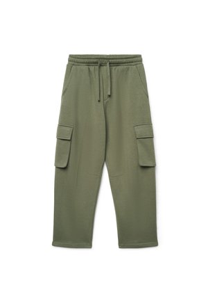 Pantaloni cargo da jogging verde oliva con cintura elastica, coulisse, tasche laterali con patta e tasche frontali, distesi su sfondo bianco.
