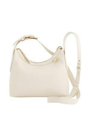 Bolso de hombro de cuero crema con correa ajustable, hebilla dorada y cierre de cremallera, presentado sobre un fondo blanco.