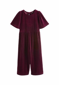Bordeaux velour jumpsuit med korte pufærmer, rund halsudskæring og elastisk talje. Længde til midten af læggen med en glat tekstur og subtil glans.