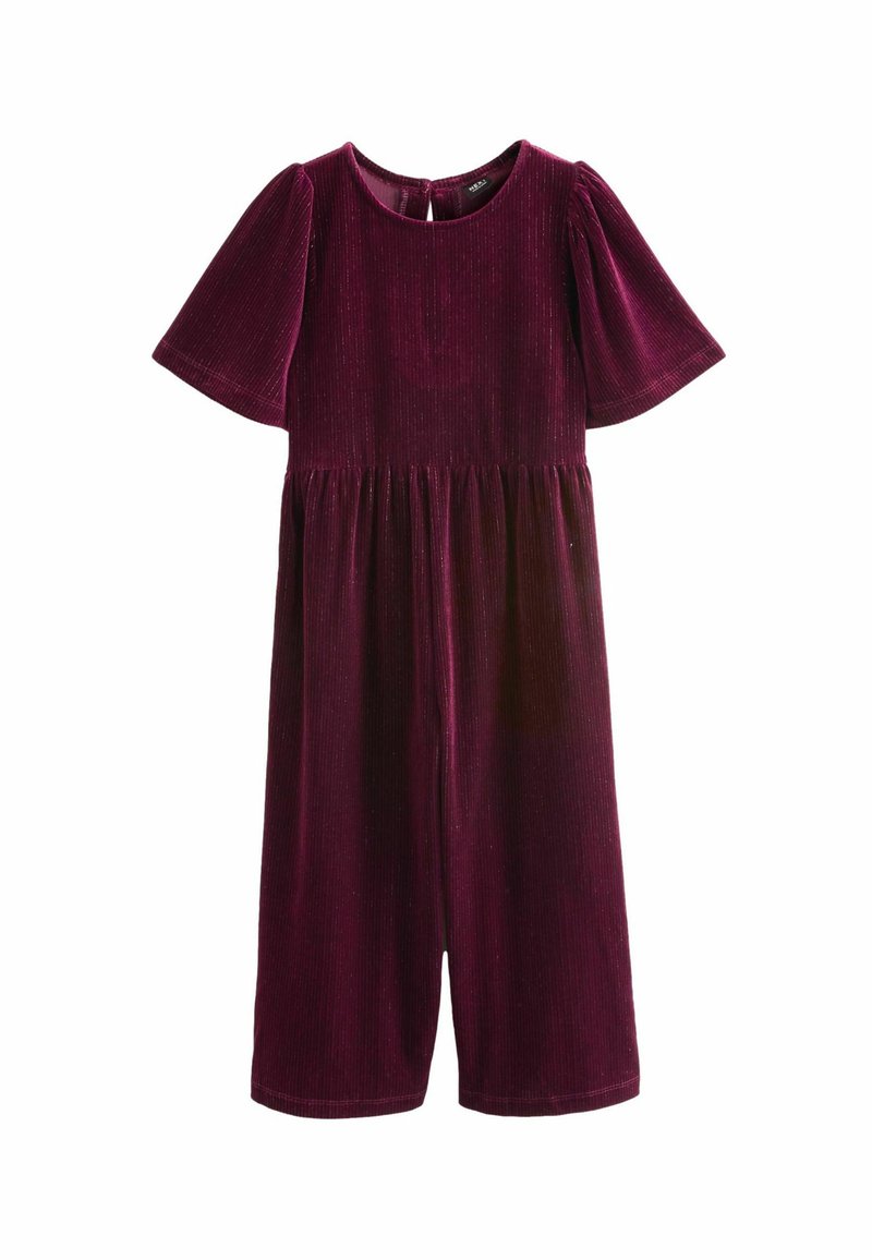 Bordeaux velour jumpsuit med korte pufærmer, rund halsudskæring og elastisk talje. Længde til midten af læggen med en glat tekstur og subtil glans.
