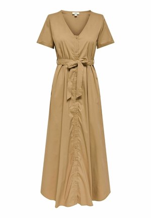 Beige midi-kjole med korte ermer, V-hals, knapper foran og et knyttet midjebelte for en tettsittende silhuett.