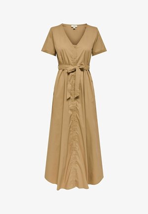 Robe midi beige à manches courtes avec col en V, boutons sur le devant et ceinture nouée à la taille pour une silhouette ajustée.