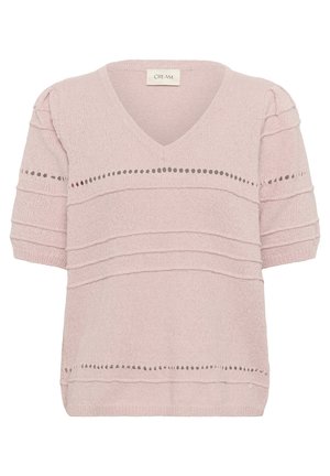 Helles rosa kurzärmliges Sweatshirt mit V-Ausschnitt, das horizontale Strukturen und dekorative Punktmuster entlang der Brust und dem Saum aufweist.
