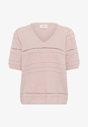 Šviesiai rožinė trumpomis rankovėmis megztinė su V formos iškirpte, puošiamas horizontaliais tekstūriniais raštais ir dekoratyvinėmis taškelio formomis krūtinės ir apatinėje dalyje.