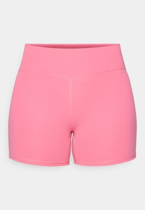 Růžové sportovní šortky s hladkým povrchem, vysokým pasem a plochými švy, navržené pro pohodlí a flexibilitu při fyzické aktivitě.