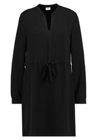 Schwarzes langärmliges Kleid mit Stehkragen, Schlüsselloch-Ausschnitt und einem Taillengürtel zur Anpassung. Hergestellt aus strukturiertem, leichtem Stoff.