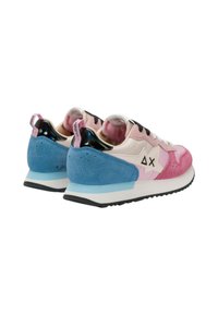 Colorful sneakers in pink, blue, and white leather with suede accents. Features a textured black sole and glossy pink heel tab.