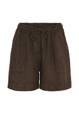Brune linned shorts med elastisk talje, justerbar snor og to sidelommer. Har en afslappet pasform og søm.