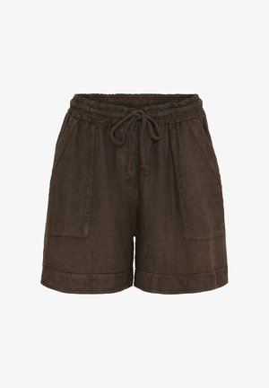 Brune linned shorts med elastisk talje, justerbar snor og to sidelommer. Har en afslappet pasform og søm.