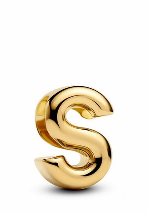Goldfarbene metallische Skulptur des Buchstabens "S" mit glatter, glänzender Oberfläche; besitzt ein geschwungenes Design und abgerundete Kanten, die auf einer flachen Basis ruhen.