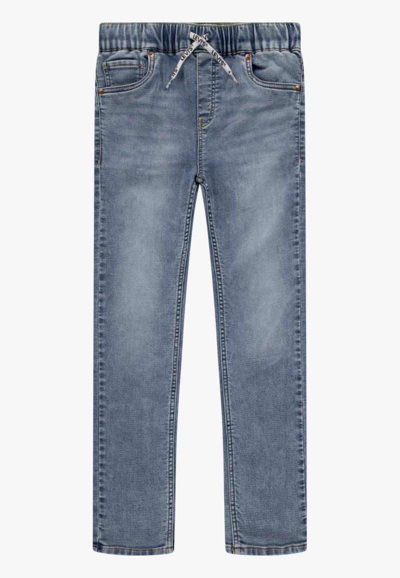 Jean enfant bleu clair avec taille élastique et cordon Levi's, avec poches avant et détails délavés subtils.