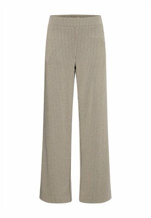 Pantalones de pierna ancha de color gris claro con rayas verticales en azul, que cuentan con una cinturilla elástica para mayor comodidad y una tela suave y texturizada.