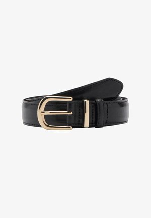 Ceinture en cuir noir avec une boucle métallique dorée brillante, présentant un design traditionnel à ardillon et une texture lisse.