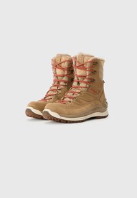 Braune Unisex-Stiefel aus Wildleder und synthetischen Materialien, mit einem weichen Futter aus Fell, roten Schnürsenkeln und einer robusten Gummisohle.