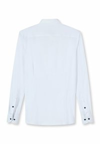 Weißes Langarmhemd mit klassischem Kragen, geknöpften Manschetten und glatter Textur. Auf der Rückseite schlicht, ohne Muster oder Verzierungen.