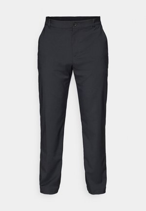 Pantaloni neri realizzati in tessuto liscio, dotati di chiusura con bottone, tasche inclinate e un design a gamba affusolata.