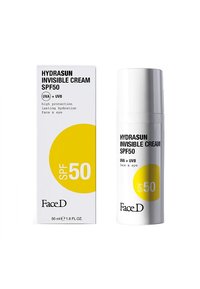 Crema Invisibile Hydrasun SPF 50 in un dispenser bianco rotondo accanto a una scatola bianca con testo nero e giallo in grassetto, formato 50 ml.