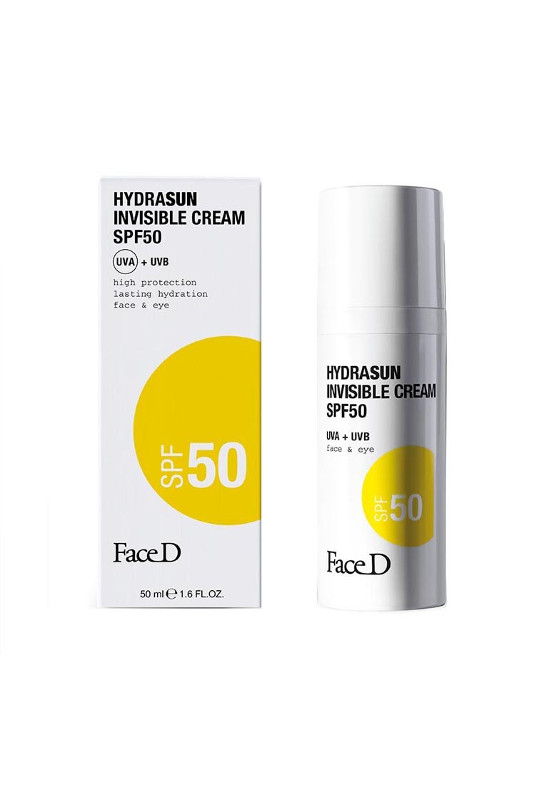 Crema Invisibile Hydrasun SPF 50 in un dispenser bianco rotondo accanto a una scatola bianca con testo nero e giallo in grassetto, formato 50 ml.